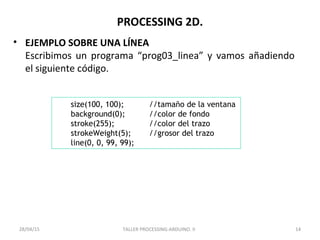 PROCESSING 2D.
• EJEMPLO SOBRE UNA LÍNEA
Escribimos un programa “prog03_linea” y vamos añadiendo
el siguiente código.
TALLER PROCESSING-ARDUINO. II 1428/04/15
size(100, 100); //tamaño de la ventana
background(0); //color de fondo
stroke(255); //color del trazo
strokeWeight(5); //grosor del trazo
line(0, 0, 99, 99);
 