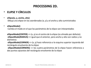 PROCESSING 2D.
• ELIPSE Y CÍRCULOS
• ellipse(x, y, ancho, alto)
Dibuja una elipse en las coordenadas (x, y) y el ancho y alto suministrados
• ellipseMode()
Cambia el modo en el que los parámetros de la elipse son interpretados
ellipseMode(CENTER) => (x, y) es el centro de la elipse (es elmodo por defecto).
ellipseMode(RADIUS) => igual que el anterior, pero ancho y alto son radios y no
diámetros
ellipseMode(CORNER) => (x, y) hace referencia a la esquina superior izquierda del
rectángulo envolvente de la elipse
ellipseMode(CORNERS) => los cuatro parámetros de la elipse hacen referencia a
dos puntos opuestos del rectángulo envolvente de la elipse
TALLER PROCESSING-ARDUINO. II 1628/04/15
 