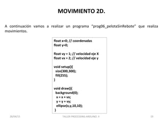 MOVIMIENTO 2D.
float x=0; // coordenadas
float y=0;
float vy = 1; // velocidad eje X
float vx = 2; // velocidad eje y
void setup(){
size(300,300);
fill(255);
}
void draw(){
background(0);
x = x + vx;
y = y + vy;
ellipse(x,y,10,10);
}
TALLER PROCESSING-ARDUINO. II 1928/04/15
A continuación vamos a realizar un programa “prog06_pelotaSinRebote” que realiza
movimientos.
 