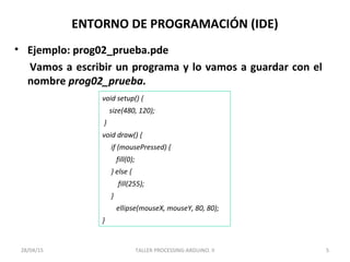 ENTORNO DE PROGRAMACIÓN (IDE)
• Ejemplo: prog02_prueba.pde
Vamos a escribir un programa y lo vamos a guardar con el
nombre prog02_prueba.
5
void setup() {
size(480, 120);
}
void draw() {
if (mousePressed) {
fill(0);
} else {
fill(255);
}
ellipse(mouseX, mouseY, 80, 80);
}
28/04/15 TALLER PROCESSING-ARDUINO. II
 