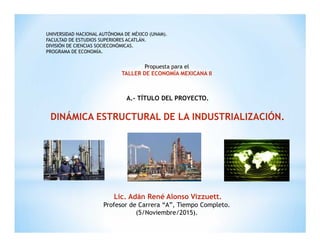 UNIVERSIDAD NACIONAL AUTÓNOMA DE MÉXICO (UNAM).
FACULTAD DE ESTUDIOS SUPERIORES ACATLÁN.
DIVISIÓN DE CIENCIAS SOCIECONÓMICAS.
PROGRAMA DE ECONOMÍA.
Propuesta para el
TALLER DE ECONOMÍA MEXICANA II
A.- TÍTULO DEL PROYECTO.
DINÁMICA ESTRUCTURAL DE LA INDUSTRIALIZACIÓN.
Lic. Adán René Alonso Vizzuett.
Profesor de Carrera “A”, Tiempo Completo.
(5/Noviembre/2015).
 
