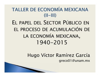 EL PAPEL DEL SECTOR PÚBLICO EN
EL PROCESO DE ACUMULACIÓN DE
LA ECONOMÍA MEXICANA,
1940-2015
Hugo Víctor Ramírez García
greco01@unam.mx
 