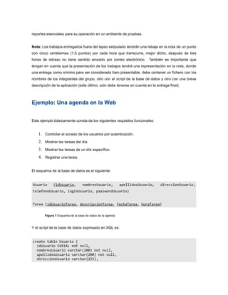 reportes esenciales para su operación en un ambiente de pruebas.


Nota: Los trabajos entregados fuera del lapso estipulado tendrán una rebaja en la nota de un punto
con cinco centésimas (1.5 puntos) por cada hora que transcurra, mejor dicho, después de tres
horas de retraso no tiene sentido enviarlo por correo electrónico. También es importante que
tengan en cuenta que la presentación de los trabajos tendrá una representación en la nota, donde
una entrega como mínimo para ser considerada bien presentable, debe contener un fichero con los
nombres de los integrantes del grupo, otro con el script de la base de datos y otro con una breve
descripción de la aplicación (este último, solo debe tenerse en cuenta en la entrega final).



Ejemplo: Una agenda en la Web


Este ejemplo básicamente consta de los siguientes requisitos funcionales:


    1. Controlar el acceso de los usuarios por autenticación.
    2. Mostrar las tareas del día.
    3. Mostrar las tareas de un día específico.
    4. Registrar una tarea.


El esquema de la base de datos es el siguiente:


Usuario      (idUsuario,          nombresUsuario,           apellidosUsuario,   direccionUsuario,
telefonoUsuario, loginUsuario, passwordUsuario)


Tarea (idUsuarioTarea, descripcionTarea, fechaTarea, horaTarea)


        Figura 1 Esquema de la base de datos de la agenda



Y el script de la base de datos expresado en SQL es:


create table Usuario (
  idUsuario SERIAL not null,
  nombresUsuario varchar(200) not null,
  apellidosUsuario varchar(200) not null,
  direccionUsuario varchar(255),
 