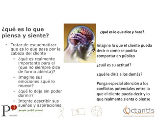 ¿qué es lo que piensa y siente?¿qué es lo que dice y hace?Tratar de esquematizar que es lo que pasa por la cabeza del cliente¿qué es realmente importante para el (que no siempre dice de forma abierta)?Imagine sus emociones ¿qué lo mueve?¿qué lo deja sin poder dormir?Intente describir sus sueños y aspiracionesImagine lo que el cliente pueda decir o como se podría comportar en público¿cuál es su actitud?¿qué le diría a los demás?Ponga especial atención a los conflictos potenciales entre lo que el cliente pueda decir y lo que realmente sienta o piense