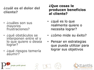 ¿Quecosas le producenbeneficios al cliente?¿cuáles el dolor del cliente?¿quées lo querealmentequiere o necesitalograr?
