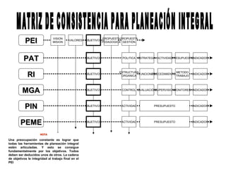 PEI                VISION
                              MISION
                                          VALORES   OBJETIVOS
                                                                PROPUESTA PROPUESTA
                                                                PEDAGOGICA GESTIÓN




          PAT                                       OBJETIVOS              POLITICA ESTRATEGIA ACTIVIDADPRESUPUESTOINDICADOR




             RI                                     OBJETIVOS
                                                                         ESTRUCTURA
                                                                          ORGÁNICA
                                                                                   FUNCIONES
                                                                                                       METODO
                                                                                          PROCEDIMIENTOS
                                                                                                       TRABAJO
                                                                                                                  INDICADOR




         MGA                                        OBJETIVOS             CONTROL EVALUACIÒNSUPERVISIONMONITOREO INDICADOR




           PIN                                      OBJETIVOS             ACTIVIDAD         PRESUPUESTO           INDICADOR




        PEME                                        OBJETIVOS             ACTIVIDAD         PRESUPUESTO           INDICADOR



                      NOTA

Una preocupación constante es lograr que
todas las herramientas de planeación integral
estén articuladas. Y esto se consigue
fundamentalmente por los objetivos. Todos
deben ser deducidos unos de otros. La cadena
de objetivos le integridad al trabajo final en el
PEI
 