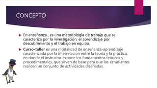CONCEPTO
 En enseñanza , es una metodología de trabajo que se
caracteriza por la investigación, el aprendizaje por
descubrimiento y el trabajo en equipo.
 Curso-taller es una modalidad de enseñanza-aprendizaje
caracterizada por la interrelación entre la teoría y la práctica,
en donde el instructor expone los fundamentos teóricos y
procedimentales, que sirven de base para que los estudiantes
realicen un conjunto de actividades diseñadas.
 