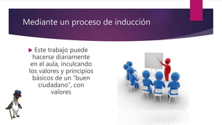 Mediante un proceso de inducción
 Este trabajo puede
hacerse diariamente
en el aula, inculcando
los valores y principios
básicos de un “buen
ciudadano”, con
valores
 