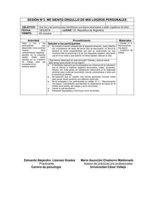 SESIÓN N°3: ME SIENTO ORGULLO DE MIS LOGROS PERSONALES
OBJETIVO: Que los y las participantes identifiquen sus logros alcanzados y estén orgullosos de ellos.
FECHA: 16/5/2014 LUGAR: I.E. República de Argentina
TIEMPO: 40 minutos
Actividad Procedimiento Materiales
Pedir a los y las
participantes que
desarrollen cómo podrían
mejorar otras
características negativas
escritas en la presente
sesión. Estas serán
escritas en su cuaderno
de trabajo para ser
revisadas en la
próxima sesión.
Saludar a los participantes • Cartilla nº 4:
Reconociendo
mis logros
• Cuaderno de
trabajo
Se iniciará la sesión presentando la siguiente situación: José y Martha
son compañeros de clase del tercer año de secundaria, un día él le
declara su amor proponiéndole que sea su enamorada, en ese
momento ella se sorprende y le da una respuesta negativa, aduciendo
que él no es nadie y que todavía no había logrado nada en la vida.
¿Qué hemos observado en esta narración? Debate ¿José se habrá
dado tiempo para pensar en sus logros?
El facilitador explicará que la autoestima se construye de la valoración
que le damos a nuestros objetivos alcanzados, metas, proyectos,
deseos, etc. Este grado de satisfacción repercutirá en la seguridad
personal para continuar asumiendo nuevos compromisos y retos que
la persona se plantee.
Se explicará que en nuestra vida hemos alcanzado muchas cosas
pero pocas veces hacemos una reflexión sobre ello
Se le entregará a los participantes la cartilla: N° 4 : “Reconociendo
mis logros”, indicándoles que escriban su experiencia de logros en el
ámbito de la familia, del colegio y de la comunidad.
Leerán lo que escribieron.
Presentan respuestas y comunican como se sienten.
Estuardo Alejandro Lizarazo Grados María Asunción Chamorro Maldonado
Practicante Asesor de prácticas pre profesionales
Carrera de psicología Universidad César Vallejo
 
