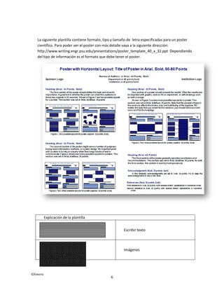 ©Emeric
6
La siguiente plantilla contiene formato, tipo y tamaño de letra especificadas para un poster
científico. Para poder ver el poster con más detalle vaya a la siguiente dirección:
http://www.writing.engr.psu.edu/presentations/poster_template_40_x_32.ppt Dependiendo
del tipo de información es el formato que debe tener el poster.
Explicación de la plantilla
Escribir texto
Imágenes
 