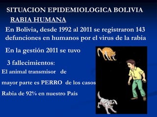 SITUACION EPIDEMIOLOGICA BOLIVIA
En Bolivia, desde 1992 al 2011 se registraron 143
defunciones en humanos por el virus de la rabia
En la gestión 2011 se tuvo
3 fallecimientos:
El animal transmisor de
mayor parte es PERRO de los casos de
Rabia de 92% en nuestro País
RABIA HUMANA
 