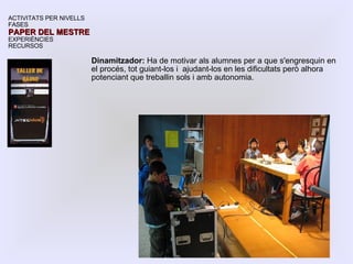 Dinamitzador:  Ha de motivar als alumnes per a que s'engresquin en el procés, tot guiant-los i  ajudant-los en les dificultats però alhora potenciant que treballin sols i amb autonomia. ACTIVITATS PER NIVELLS FASES PAPER DEL MESTRE EXPERIÈNCIES RECURSOS 