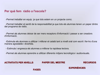 Per què fem  ràdio a l'escola? -Permet treballar en equip  ja que tots estem en un projecte comú. -Permet treballar el sentit de la responsabilitat ja que tots els alumnes tenen un paper dintre del programa de ràdio. -Permet als alumnes deixar de ser mers receptors d'informació i passar a ser creadors d'informació. -Estimula els alumnes a utilitzar i millorar el català tant a nivell oral com escrit i fer-ho d'una manera agradable i divertida. - Estimula i engresca els alumnes a millorar la rapidesa lectora. -Permet als alumnes aprendre a utilitzar diferents mitjans tecnològics i audiovisuals. ACTIVITATS PER NIVELLS  FASES PAPER DEL MESTRE EXPERIÈNCIES RECURSOS 