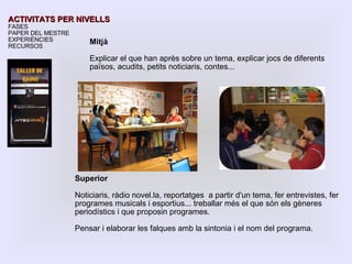 Mitjà Explicar el que han après sobre un tema, explicar jocs de diferents països, acudits, petits noticiaris, contes... ACTIVITATS PER NIVELLS FASES PAPER DEL MESTRE EXPERIÈNCIES RECURSOS Superior Noticiaris, ràdio novel.la, reportatges  a partir d'un tema, fer entrevistes, fer programes musicals i esportius... treballar més el que són els gèneres periodístics i que proposin programes. Pensar i elaborar les falques amb la sintonia i el nom del programa. 