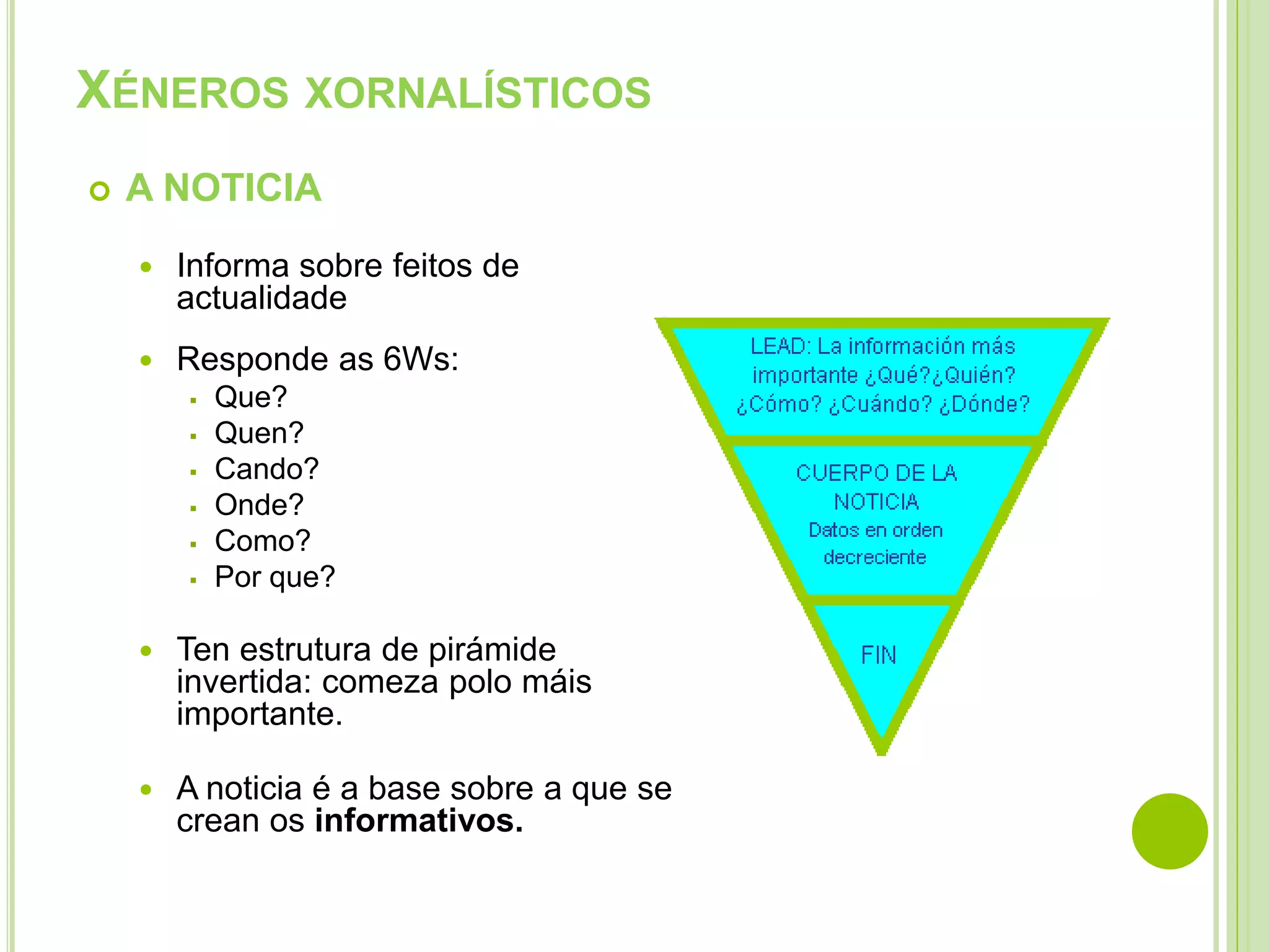 XÉNEROS XORNALÍSTICOS


A NOTICIA


Informa sobre feitos de
actualidade



Responde as 6Ws:







Que?
Quen?
Cando?
Onde?
Como?
Por que?



Ten estrutura de pirámide
invertida: comeza polo máis
importante.



A noticia é a base sobre a que se
crean os informativos.

 