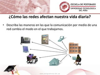 ¿Cómo las redes afectan nuestra vida diaria?
• Describa las maneras en las que la comunicación por medio de una
  red cambia el modo en el que trabajamos.




                         www.postgradoutp.edu.pe
 