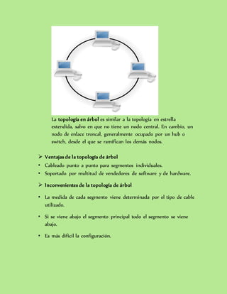 La topología en árbol es similar a la topología en estrella
extendida, salvo en que no tiene un nodo central. En cambio, un
nodo de enlace troncal, generalmente ocupado por un hub o
switch, desde el que se ramifican los demás nodos.
 Ventajas de la topología de árbol
• Cableado punto a punto para segmentos individuales.
• Soportado por multitud de vendedores de software y de hardware.
 Inconvenientes de la topología de árbol
• La medida de cada segmento viene determinada por el tipo de cable
utilizado.
• Si se viene abajo el segmento principal todo el segmento se viene
abajo.
• Es más difícil la configuración.
 
