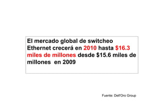 El mercado global de switcheo
Ethernet crecerá en 2010 hasta $16.3
miles de millones desde $15.6 miles de
millones en 2009




                          Fuente: Dell'Oro Group
 