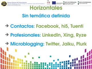 Horizontales
       Sin temática definida

➔ Contactos: Facebook, hi5, Tuenti

➔ Profesionales: LinkedIn, Xing, Ryze

➔ Microblogging: Twitter, Jaiku, Plurk
 