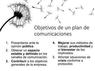 Elementos del plan o
estrategia de comunicación
1. Definición del marco estratégico.
2. Análisis de situación actual.
3. O...
