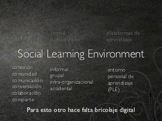 personas        formal                 plataformas de
estudiantes     estructurado           aprendizaje

   Social Learning Environment
conexión        informal               entorno
comunidad       grupal                 personal de
comunicación    intra-organizacional   aprendizaje
conversación    accidental             (PLE)
colaboración
comparte
       Para esto otro hace falta bricolaje digital
 