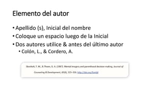 Elemento del autor
• Apellido (s), Inicial del nombre
• Coloque un espacio luego de la Inicial
• Dos autores utilice & antes del último autor
• Colón, L., & Cordero, A.
 