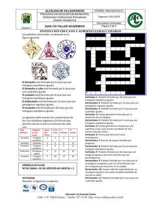 MUNICIPIO DE
VILLAVICENCIO
MUNICIPIO DE
VILLAVICENCIO
Versión 1
ALCALDIA DE VILLAVICENCIO FR-MAN-1568-GA03-02-01
PROCESO DE EDUCACION MUNICIPAL
Subproceso Instituciones Educativas-
Gestión Académica
Vigencia:13/01/2016
GUIA Y/O TALLER ACADÉMICO
Documento Controlado
Página 2 de 5
INSTITUCION EDUCATIVA ALBERTO LLERAS CAMARGO
Educando a la Juventud Llanera
Calle 6 N° 10B El Estero – Telefax 671 31 68 http://www.collleras.edu.co/web/
Los poliedros construidos se observan en la
figura siguiente:
El tetraedro está formado por 4 caras que son
triángulos equiláteros iguales.
El hexaedro o cubo está formado por 6 caras que
son cuadrados iguales.
El octaedro está formado por 8 caras que son
triángulos equiláteros iguales.
El dodecaedro está formado por 12 caras que son
pentágonos regulares iguales.
El icosaedro está formado por 20 caras que son
triángulos equiláteros iguales.
La siguiente tabla muestra las características de
los cinco poliedros regulares y la fórmula que
permite calcular el área y el volumen de cada
uno.
Tipo
poliedro
Polígono
en sus
caras
Caras
por
vértice
#· de
caras
#
vértices
#
aristas
tetraedro Triángulo
equilátero
3 4 4 6
Hexaedro Cuadrado 3 6 8 12
Octaedro Triángulo
equilátero
4 8 6 12
Dodecaero Pentágono
regular
3 12 20 30
Icosaedro Triángulo
equilátero
5 20 12 30
FÓRMULA DE EULER:
Nº DE CARAS + Nª DE VÉRTICES=Nª ARISTAS + 2
ACTIVIDAD:
Resuelva el siguiente crucigrama:
Verticales: 1: Poliedro formado por 20 caras que son
triángulos equiláteros iguales.
Horizontales: 2: Poliedro formado por 12 caras que son
pentágonos regulares iguales.
Horizontales: 3: Poliedro formado por 6 caras que son
cuadrados iguales.
Verticales: 3: Cuerpo geométrico formado por la
revolución de un triángulo
Horizontales: 4: Poliedro formado por 4 caras que son
triángulos equiláteros iguales.
Verticales: 5: Cuerpo geométrico limitado por una
superficie curva cuyos puntos equidistan de otro
interior llamado centro.
Verticales: 6: Prisma que tiene las 6 caras
rectangulares
Horizontales: 7: Porción de espacio limitada por
polígonos.
Horizontales: 8: Poliedro formado por 8 caras que son
triángulos equiláteros iguales.
Verticales: 9: Poliedro limitado por dos base que son
polígonos iguales y por caras laterales que son
paralelogramos.
Horizontales: 9: Poliedro limitado por una base que es
un polígono cualquiera y por sus caras laterales que
son triángulos que concurren en la cúspide.
Horizontales: 10: Cuerpo redondo engendrado por un
rectángulo que gira una vuelta completa alrededor de
uno de sus lados
Horizontales: 11: Poliedro formado por 6 caras que son
cuadrados iguales.
 