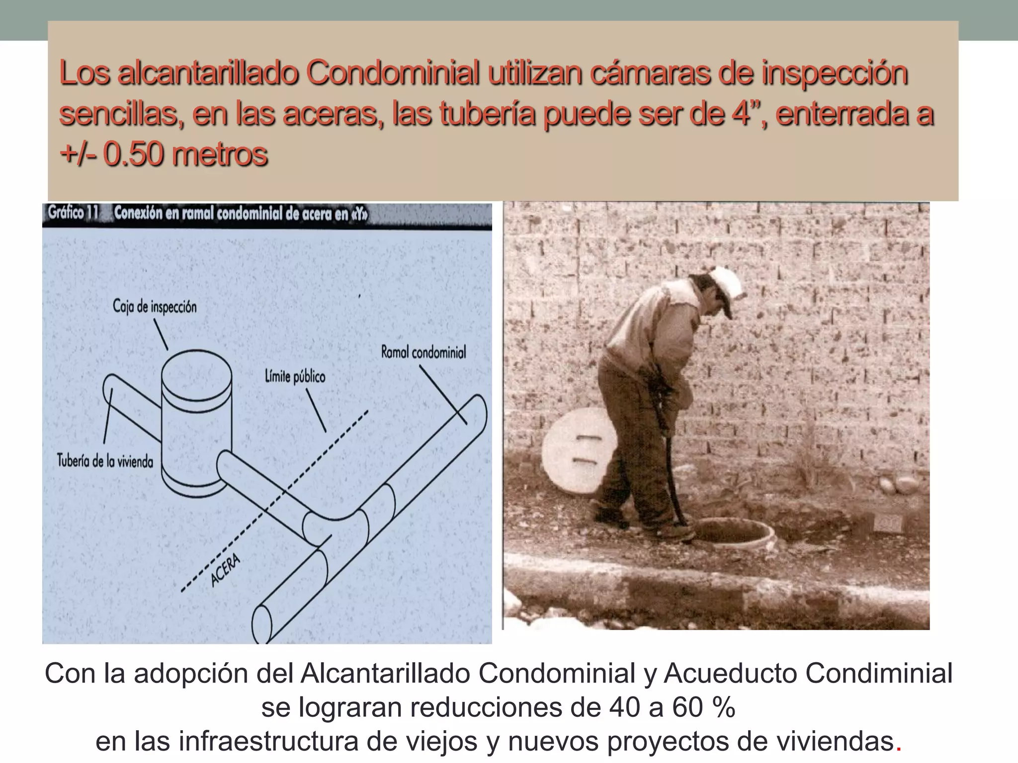 Los alcantarillado Condominial utilizan cámaras de inspección
sencillas, en las aceras, las tubería puede ser de 4”, enterrada a
+/- 0.50 metros
Con la adopción del Alcantarillado Condominial y Acueducto Condiminial
se lograran reducciones de 40 a 60 %
en las infraestructura de viejos y nuevos proyectos de viviendas.
 