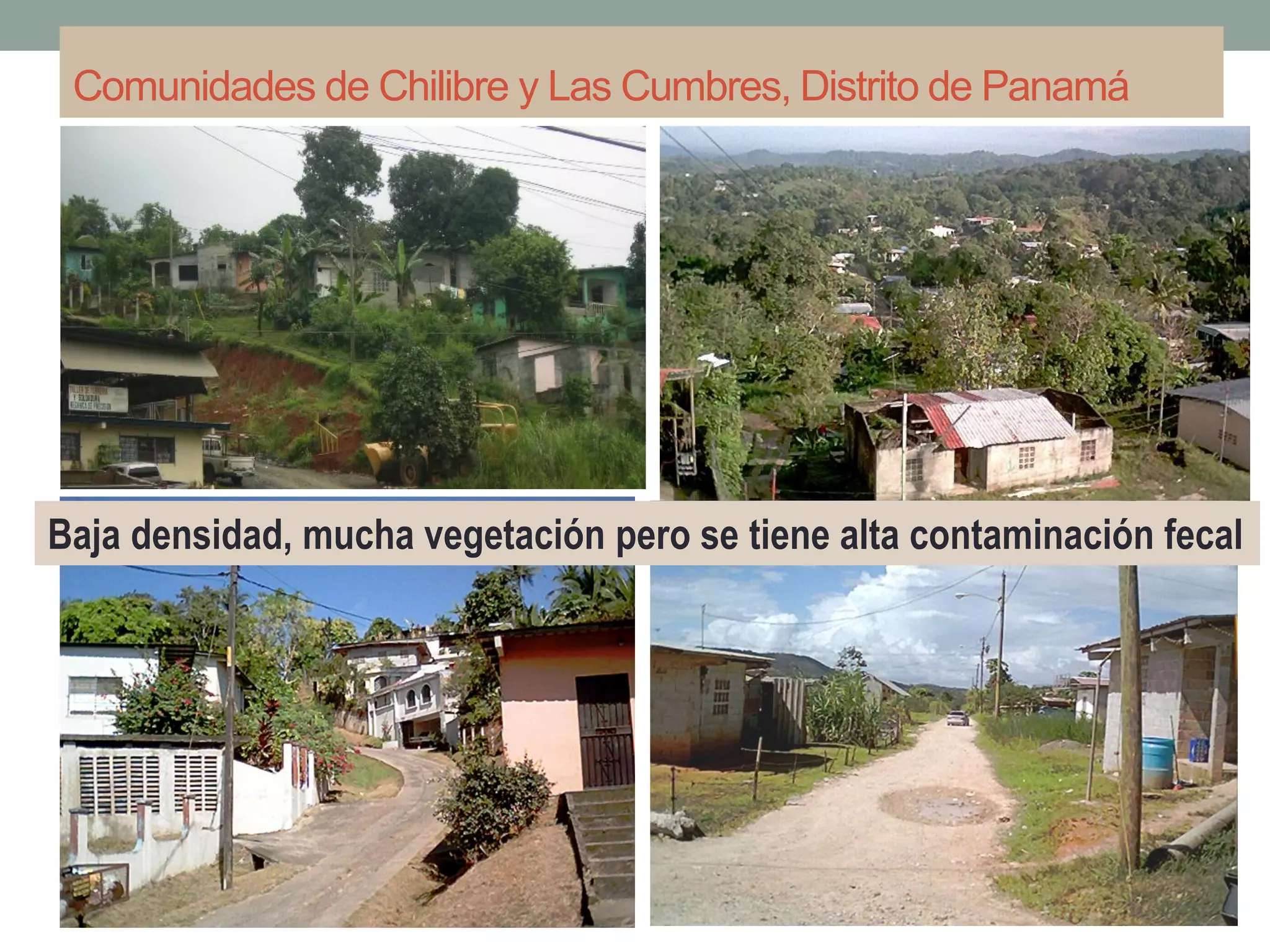 Comunidades de Chilibre y Las Cumbres, Distrito de Panamá
Baja densidad, mucha vegetación pero se tiene alta contaminación fecal
 