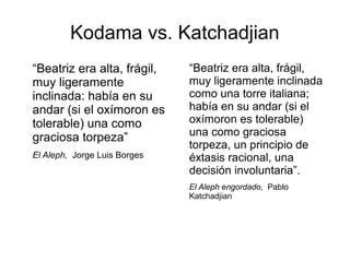 Kodama vs. Katchadjian
“Beatriz era alta, frágil,
muy ligeramente
inclinada: había en su
andar (si el oxímoron es
tolerable) una como
graciosa torpeza”
El Aleph, Jorge Luis Borges
“Beatriz era alta, frágil,
muy ligeramente inclinada
como una torre italiana;
había en su andar (si el
oxímoron es tolerable)
una como graciosa
torpeza, un principio de
éxtasis racional, una
decisión involuntaria”.
El Aleph engordado, Pablo
Katchadjian
 