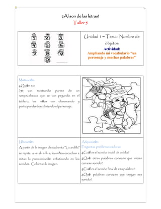 ¡Al son de las letras!
Taller 5
Unidad 1 – Tema : Nombre de
objetos
Actividad:
Ampliando mi vocabulario “un
personaje y muchas palabras”
Motivación:
¿Quién es?
Se van mostrando partes de un
rompecabezas que se van pegando en el
tablero, los niños van observando y
participando descubriendo el personaje.
Ubicación:
A partir de la imagen descubierta “La ardilla”
se repite a –r- d- i- ll- a, los niños escuchan e
imitan la pronunciación enfatizando en los
sonidos. Colorean la imagen.
Adquisición:
Preguntas problematizadoras
¿Cuál es el sonido inicial de ardilla?
¿Qué otras palabras conocen que inicien
con ese sonido?
¿Cuál es el sonido final de esa palabra?
¿Qué palabras conocen que tengan ese
sonido?
 