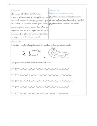 Ubicación:
Se escoge a 5 niños a quien llamamos a – e – i
– o – u; a los otros se le entrega fichas con
una vocal, se canta la canción y a medida que
se cambie la palabra comer por camar,
quemer, quimir, comor, cumur, los niños se
organizan con el niño según sea la vocal
nombrada. Por último se quedan organizados
en grupos por el dominio de la vocal.
Adquisición:
Preguntas problematizadoras
¿Qué palabras escuchan en la canción?
¿Qué pasó con las palabras de la canción?
¿Qué tienen en común las palabras?
Asimilación
Los niños completan las palabras de la canción a medida que van cantando.
y
Me gusta comer, comer, comer manzanas y bananas.
Me gusta c__m__r, c__m__r, c__m__r, m__nz__n__s y b__n__n__s.
Me gusta qu__m__r, qu__m__r, qu__m__r, m__nz__n__s y b__n__n__s.
Me gusta qu__m__r, qu__m__r, qu__m__r, m__nz__n__s y b__n__n__s.
Me gusta c__m__r, c__m__r, c__m__r, m__nz__n__s y b__n__n__s.
Me gusta c__m__r, c__m__r, c__m__r, m__nz__n__s y b__n__n__s.
 