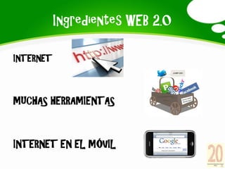 Ingredientes WEB 2.0

INTERNET



MUCHAS HERRAMIENTAS



INTERNET EN EL MÓVIL
 