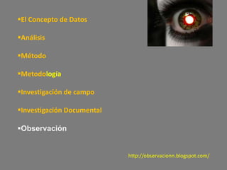 El Concepto de Datos

Análisis

Método

Metodología

Investigación de campo

Investigación Documental

Observación


                            http://observacionn.blogspot.com/
 