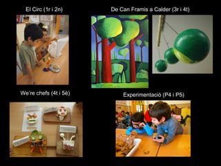 El Circ (1r i 2n)     De Can Framis a Calder (3r i 4t)




We’re chefs (4t i 5è)       Experimentació (P4 i P5)
 