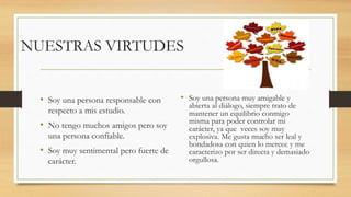 NUESTRAS VIRTUDES
• Soy una persona responsable con
respecto a mis estudio.
• No tengo muchos amigos pero soy
una persona confiable.
• Soy muy sentimental pero fuerte de
carácter.
• Soy una persona muy amigable y
abierta al diálogo, siempre trato de
mantener un equilibrio conmigo
misma para poder controlar mi
carácter, ya que veces soy muy
explosiva. Me gusta mucho ser leal y
bondadosa con quien lo merece y me
caracterizo por ser directa y demasiado
orgullosa.
 