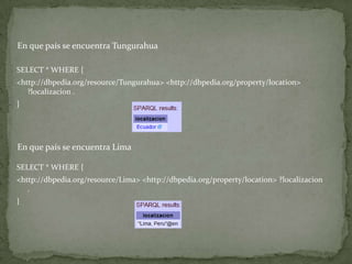En que país se encuentra TungurahuaSELECT * WHERE {<http://dbpedia.org/resource/Tungurahua> <http://dbpedia.org/property/location> ?localizacion .}En que país se encuentra LimaSELECT * WHERE {<http://dbpedia.org/resource/Lima> <http://dbpedia.org/property/location> ?localizacion .}
