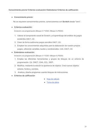 Conocimiento previo/ Criterios evaluación/ Estándares/ Criterios de calificación
● Conocimiento previo:
No se requieren conocimientos previos, comenzaremos con ​Scratch​ desde cero.
● Criterios evaluación:
Iniciación a la programación (Bloque 3 1º ESO / Bloque 5 2ºESO)
1. Valorar el componente social de Scratch y el aprendizaje del análisis de juegos
existentes.​CMCT, CD.
2. Crear de forma autónoma juegos sencillos.​CMCT, CD.
3. Emplear los conocimientos adquiridos para la elaboración de nuestro propios
juegos, utilizando variables, bucles y condicionales. ​CAA, CMCT, CD.
● Estándares evaluación:
Iniciación a la programación (Bloque 3 1º ESO / Bloque 5 2ºESO)
1. Emplea las diferentes herramientas y grupos de bloques de un entorno de
programación. Cd, CMCT, CAA, CCL, SIEP.
2. Modifica, mediante la edición la apariencia de objetos. Crea nuevos objetos:
actores, fondos y sonidos.
3. Analiza y diseña programas usando bloques de instrucciones.
● Criterios de calificación
● Hoja de cálculo
● Toma de datos
21
 