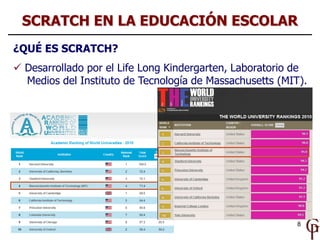 8
¿QUÉ ES SCRATCH?
 Desarrollado por el Life Long Kindergarten, Laboratorio de
Medios del Instituto de Tecnología de Mass...
