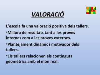 VALORACIÓVALORACIÓ
L’escola fa una valoració positiva dels tallers.
•Millora de resultats tant a les proves
internes com a les proves externes.
•Plantejament dinàmic i motivador dels
tallers.
•Els tallers relacionen els continguts
geomètrics amb el món real.
 