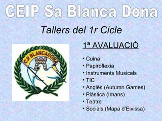 Tallers del 1r Cicle
1ª AVALUACIÓ
• Cuina
• Papiroflexia
• Instruments Musicals
• TIC
• Anglès (Autumn Games)
• Plàstica (Imans)
• Teatre
• Socials (Mapa d’Eivissa)
 