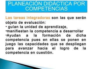 PLANEACIÓN DIDÁCTICA POR
COMPETENCIAS
Las tareas integradoras son las que serán
objeto de evaluación:
• guían la unidad de aprendizaje,
•manifiestan la competencia a desarrollar
•Ayudan a la formación de dicha
competencia pues en ellas se ponen en
juego las capacidades que se despliegan
para avanzar hacia el logro de la
competencia en cuestión.
 