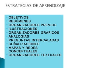  OBJETIVOS
 RESÚMENES
 ORGANIZADORES PREVIOS
 ILUSTRACIONES
 ORGANIZADORES GRÁFICOS
 ANALOGÍAS
 PREGUNTAS INTERCALADAS
 SEÑALIZACIONES
 MAPAS Y REDES
CONCEPTUALES
 ORGANIZADORES TEXTUALES
 