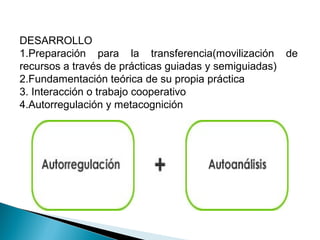 DESARROLLO
1.Preparación para la transferencia(movilización de
recursos a través de prácticas guiadas y semiguiadas)
2.Fundamentación teórica de su propia práctica
3. Interacción o trabajo cooperativo
4.Autorregulación y metacognición
 