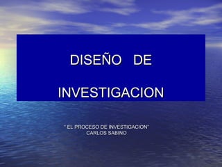 DISEÑO DE

INVESTIGACION

“ EL PROCESO DE INVESTIGACION”
        CARLOS SABINO
 