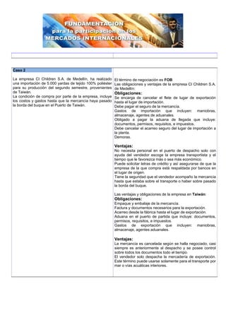Caso 2

La empresa CI Children S.A. de Medellín, ha realizado      El término de negociación es FOB
una importación de 5.000 yardas de tejido 100% poliéster   Las obligaciones y ventajas de la empresa CI Children S.A.
para su producción del segundo semestre, provenientes      de Medellín:
de Taiwán.                                                 Obligaciones:
La condición de compra por parte de la empresa, incluye    Se encarga de cancelar el flete de lugar de exportación
los costos y gastos hasta que la mercancía haya pasado     hasta el lugar de importación.
la borda del buque en el Puerto de Taiwán.                 Debe pagar el seguro de la mercancía.
                                                           Gastos de importación que incluyen: maniobras,
                                                           almacenaje, agentes de aduanales.
                                                           Obligado a pagar la aduana de llegada que incluye:
                                                           documentos, permisos, requisitos, e impuestos.
                                                           Debe cancelar el acarreo seguro del lugar de importación a
                                                           la planta.
                                                           Demoras.

                                                           Ventajas:
                                                           No necesita personal en el puerto de despacho solo con
                                                           ayuda del vendedor escoge la empresa transportista y el
                                                           tiempo que le favorezca más o sea más económico.
                                                           Puede solicitar letras de crédito y así asegurarse de que la
                                                           empresa de la que compra está respaldada por bancos en
                                                           el lugar de origen.
                                                           Tiene la seguridad que el vendedor acompaño la mercancía
                                                           hasta que estaba sobre el transporte o haber sobre pasado
                                                           la borda del buque.

                                                           Las ventajas y obligaciones de la empresa en Taiwán:
                                                           Obligaciones:
                                                           Empaque y embalaje de la mercancía.
                                                           Factura y documentos necesarios para la exportación.
                                                           Acarreo desde la fábrica hasta el lugar de exportación.
                                                           Aduana en el puerto de partida que incluye: documentos,
                                                           permisos, requisitos, e impuestos.
                                                           Gastos de exportación que incluyen: maniobras,
                                                           almacenaje, agentes aduanales.

                                                           Ventajas:
                                                           La mercancía es cancelada según se halla negociado, casi
                                                           siempre es anteriormente al despacho y se posee control
                                                           sobre todos los documentos todo el tiempo.
                                                           El vendedor solo despacha la mercadería de exportación.
                                                           Este término puede usarse solamente para el transporte por
                                                           mar o vías acuáticas interiores.
 