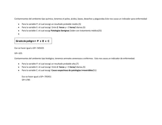 Contaminantes del ambiente tipo químico, tenemos el polvo, ácidos, bases, desechos y plaguicidas.Esto nos causa un indicador para enfermedad

       Para la variable P: el cual escogí un resultado probable medio.(5)
       Para la variable E: el cual escogí Entre 2 horas y < 5 horas/ diarias.(5)
       Para la variable C: el cual escogí Patologías benignas Ceden con tratamiento médico(25)




Eso va hacer igual a GP= 5X5X25

GP= 625

Contaminantes del ambiente tipo biológico, tenemos animales venenosos o enfermos. Esto nos causa un indicador de enfermedad.

       Para la variable P: el cual escogí un resultado probable alta.(7)
       Para la variable E: el cual escogí Entre 2 horas y < 5 horas/ diarias.(5)
       Para la variable C: el cual escogí Causa sospechosa de patologías irreversibles(51)

       Eso va hacer igual a GP= 7X5X51
       GP=1785
 