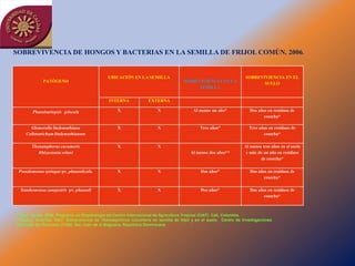 SOBREVIVENCIA DE HONGOS Y BACTERIAS EN LA SEMILLA DE FRIJOL COMÚN. 2006.


                                             UBICACIÓN EN LA SEMILLA                                              SOBREVIVIENCIA EN EL
             PATÓGENO                                                              SOBREVIVIENCIA EN LA
                                                                                                                         SUELO
                                                                                        SEMILLA


                                              INTERNA             EXTERNA

        Phaeoisariopsis griseola                  X                   X                 Al menos un año*             Dos años en residuos de
                                                                                                                            cosecha*

      Glomerella lindemuthiana                    X                   X                     Tres años*              Tres años en residuos de
    Colletotrichum lindemuthianum                                                                                          cosecha*

       Thanatephorus cucumeris                    X                   X                                           Al menos tres años en el suelo
          Rhizoctonia solani                                                           Al menos dos años**         y más de un año en residuos
                                                                                                                          de cosecha*

 Pseudomonas syringae pv. phaseolicola.           X                   X                     Dos años*                Dos años en residuos de
                                                                                                                            cosecha*

  Xanthomonas campestris pv. phaseoli             X                   X                     Dos años*                Dos años en residuos de
                                                                                                                            cosecha*



*/ Jara, Carlos. 2006. Programa de fitopatología del Centro Internacional de Agricultura Tropical (CIAT). Cali, Colombia.
**/Godoy, Graciela. 2007. Sobrevivencia de Thanatephorus cucumeris en semilla de frijol y en el suelo. Centro de Investigaciones
Agrícolas del Suroeste (CIAS). San Juan de la Maguana. República Dominicana.
 