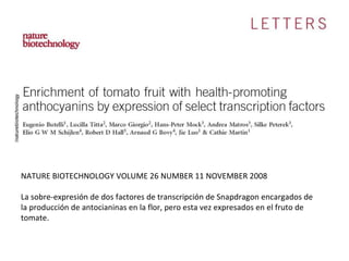 NATURE BIOTECHNOLOGY VOLUME 26 NUMBER 11 NOVEMBER 2008 La sobre-expresión de dos factores de transcripción de Snapdragon encargados de la producción de antocianinas en la flor, pero esta vez expresados en el fruto de tomate. 