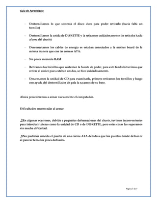 Guía de Aprendizaje
Página 7 de 7
- Destornillamos lo que sostenía el disco duro para poder retirarlo (hacía falta un
tornillo)
- Destornillamos la unida de DISKETTE y la retiramos cuidadosamente (se retiraba hacia
afuera del chasis)
- Desconectamos los cables de energía es estaban conectados a la mother board de la
misma manera que con las correas ATA.
- No posee memoria RAM
- Retiramos los tornillos que sostenían la fuente de poder, para esto también tuvimos que
retirar el cooler pues estaban unidos, se hizo cuidadosamente.
- Desarmamos la unidad de CD para examinarla, primero retiramos los tornillos y luego
con ayuda del destornillador de pala la sacamos de su base.
Ahora procederemos a armar nuevamente el computador.
Dificultades encontradas al armar:
♫En algunas ocasiones, debido a pequeñas deformaciones del chasis, tuvimos inconvenientes
para introducir piezas como la unidad de CD o de DISKETTE, pero estas cosas las superamos
sin mucha dificultad.
♫No pudimos conecta el puerto de una correa ATA debido a que los puertos donde debían ir
al parecer tenía los pines doblados.
 